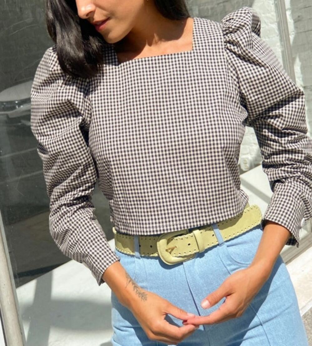 Lisa Says Gah Puff Sleeve Crop Top Womens XS Black Gingham Heart Button Cotton